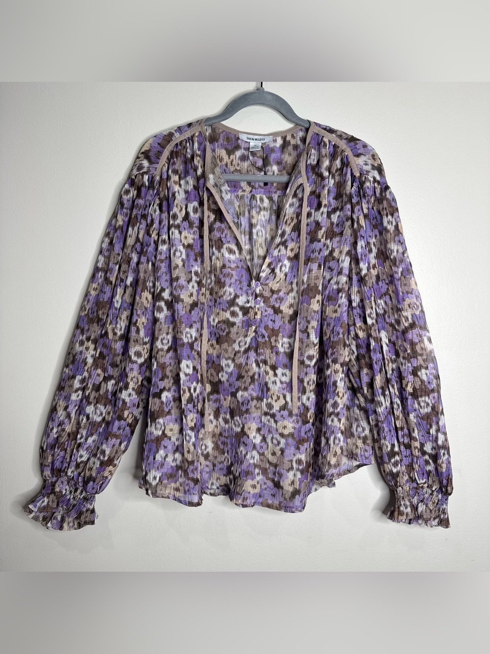 NWOT Sabina‎ Musayev Purple Semi-sheer Crinkle Balloon Sleeve Boho Blouse Medium